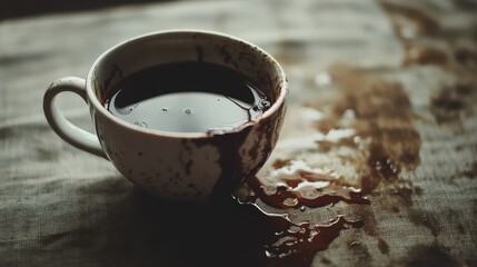 Cracked porcelain teacup spilling dark coffee on a wooden table