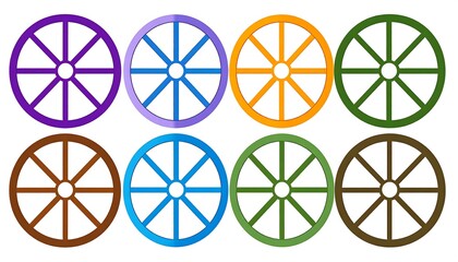 Eight vibrantly colored, stylized wagon wheel illustrations on a white background
