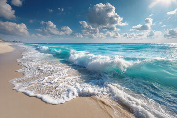Tropical Beach with Blue Ocean Waves and White Sand under Cloudy Sky