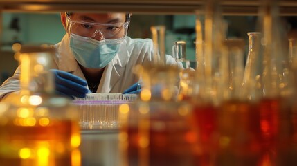 A scientist works in a laboratory, as the scientist arranges test tubes with precision. The scientist wears gloves, ensuring the scientist's delicate handling of glassware.
