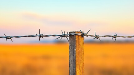 Barbed wire fence wrapped around old wooden post in open field