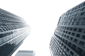 Low-angle view of modern skyscrapers.  Grey glass-fronted towers rise into a dark sky.  Geometric patterns of windows