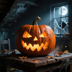 Glowing jack-o’-lantern on a rustic wooden table in a dusty, cobwebbed room, moonlight through a cracked window, falling autumn leaves and eerie atmosphere.