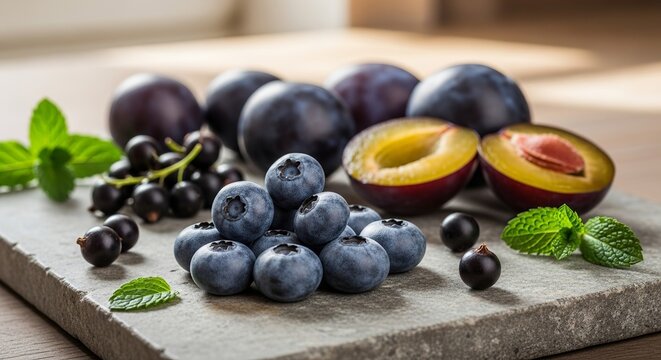Fresh blueberries plums and blackcurrants with mint leaves on a stone surface