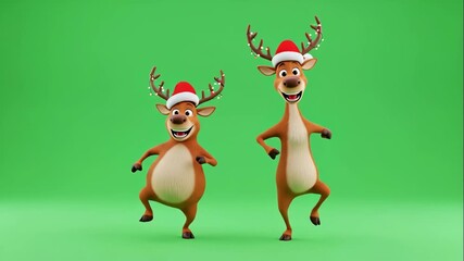 Animated Reindeer Duo Dancing on Green Screen - This video features two cheerful, animated reindeer wearing Santa hats and Christmas lights on their antlers, dancing against a vibrant green screen - Powered by Adobe