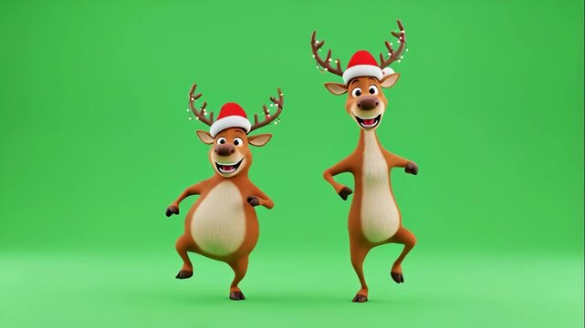 Animated Reindeer Duo Dancing on Green Screen - This video features two cheerful, animated reindeer wearing Santa hats and Christmas lights on their antlers, dancing against a vibrant green screen - Powered by Adobe