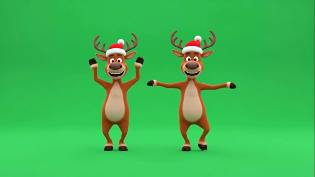 Animated Reindeer Dancing on Green Screen - Two cartoon reindeer wearing Santa hats are dancing on a green screen background. The reindeer are brown with tan bellies and have large smiles.