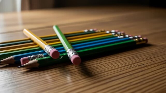 A close-up shot captures a stack of colorful pencils with pink erasers resting on a wooden surface