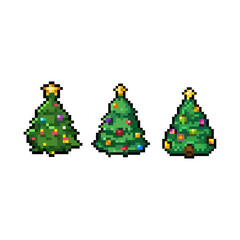 festive set of 8 bit style pixel art Christmas trees. This collection features three beautifully decorated evergreen trees, complete with colorful ornaments