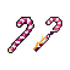 Fototapeta premium festive set of 8 bit style pixel art candy canes. This collection includes a classic red and white striped candy cane and a unique variant designed