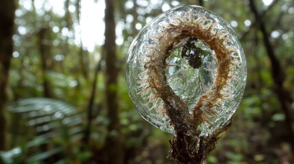 Close up of glistening fern bud with water droplets