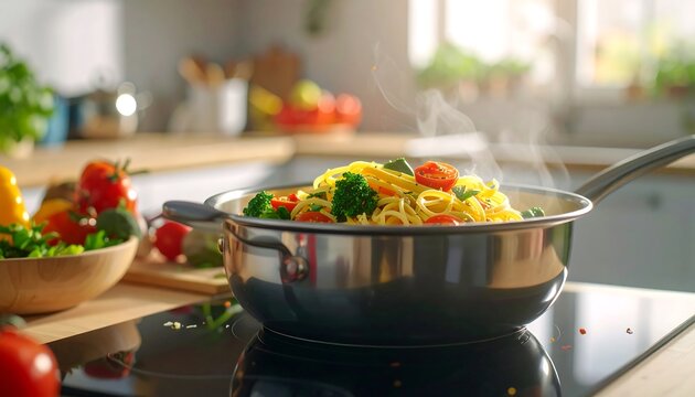 Delicious Pasta and Vegetables Steaming in a Pan on a Modern Induction Cooktop.