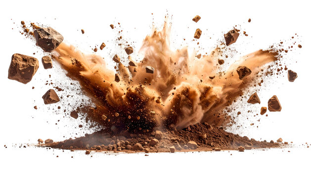 A dynamic explosion of earth and debris, shown with detail against a black background