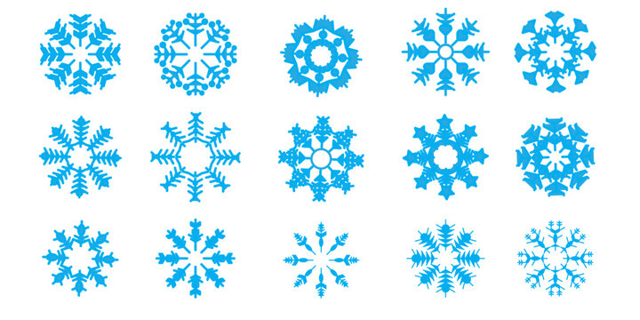 Set of snowflakes linear vector icon. Geometric snowflake shape, nature and winter related vector symbol hand drawn contour collection. Line art illustration design for logo, sticker, christmas.