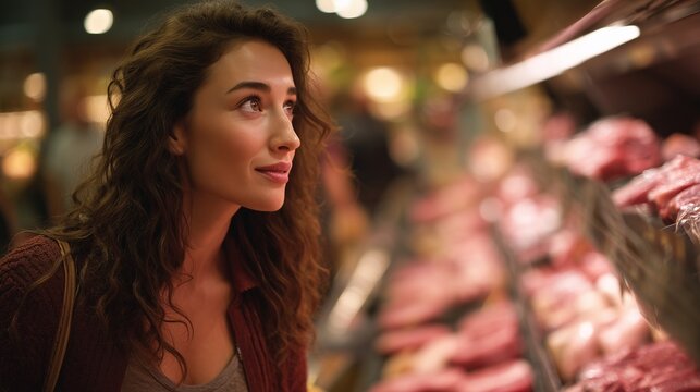A woman at the supermarket studies the meat section closely. The woman considers her options carefully in the supermarket's lively environment.