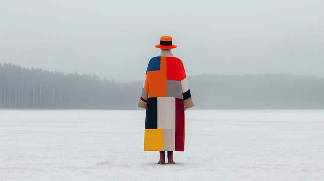 Colorful surreal fashion portrait of person in geometric patchwork coat and hat standing in snowy minimal landscape for creative campaigns
