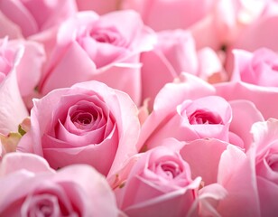 Close-up of numerous, tightly packed, soft pink roses, showcasing delicate petals and intricate blooms, offering a sense of beauty and romance