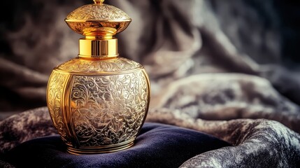 Ornate Gold Perfume Bottle Displayed on Velvet Cushion
