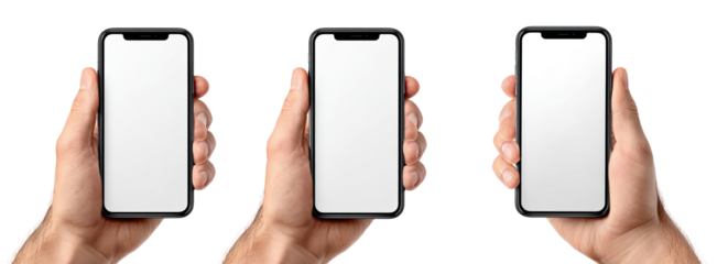 Three hands holding blank screen smartphones