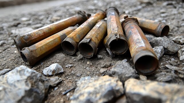 Deactivated Landmine Casings Scattered on a Rocky Surface