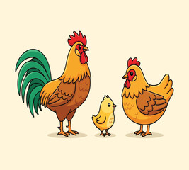Vector art of cartoon chicken family featuring a rooster, hen, and chick, perfect for childrens illustrations, farmthemed designs, and educational materials
