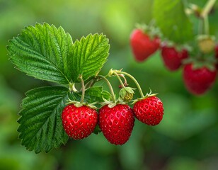 Close-up of ripe, red berries with green leaves growing outdoors. Sunlight highlights the textured surface