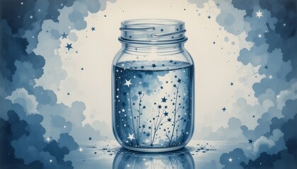 Glass Jar Filled with Water, Stars, and Cosmic Night Sky, Symbolizing Dreams and Inner Calm