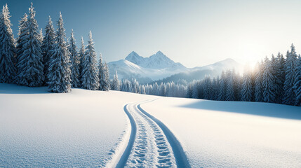 Winter wonderland reindeer tracks in a christmas landscape snowy mountains serene environment peaceful viewpoint
