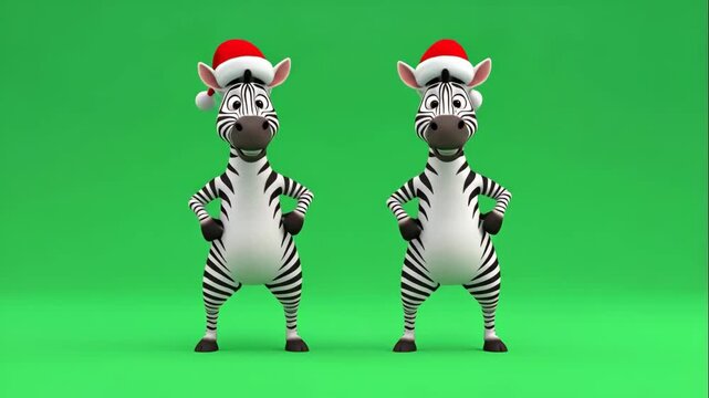 Christmas Zebras Cartoon on Green Screen - This video shows two cartoon zebras wearing Santa hats on a green screen. They are standing upright with their hands on their hips and smiling.