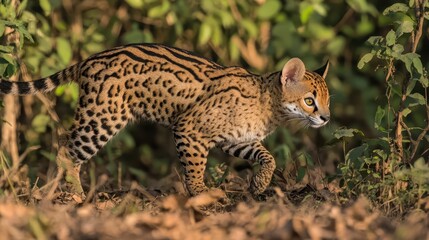Jaguarundi cat walking through the forest habitat