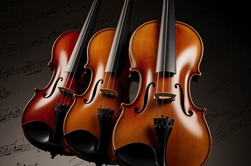 Naklejka premium Three violins are elegantly arranged against a dark background that features faint musical notation. The musical notes in the background 