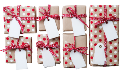 Nine presents, wrapped in craft paper with polka dots and red ribbon, each with a white tag