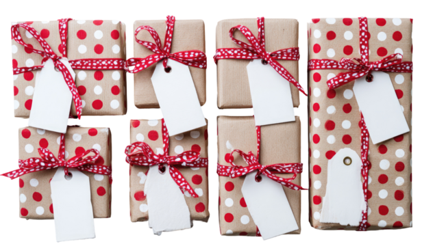 Nine presents, wrapped in craft paper with polka dots and red ribbon, each with a white tag