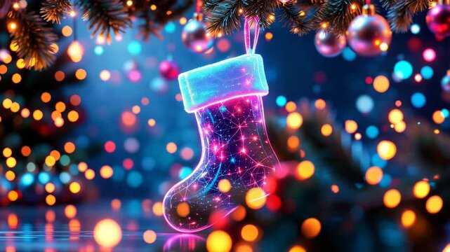 Futuristic Christmas neon stocking decoration hanging on a tree with festive, colorful bokeh lights