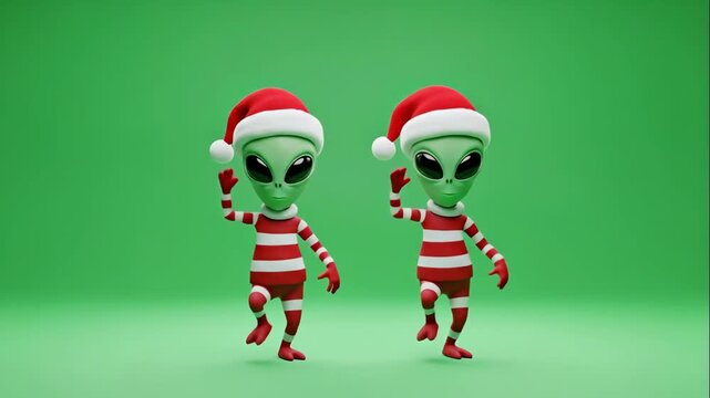 Festive Aliens Celebrating Christmas - Two cute, green alien cartoon characters are shown dancing in a celebratory pose wearing red and white striped jumpsuits and Santa hats against a solid green