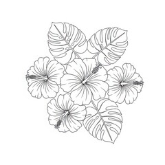 Hibiscus flowers and leaves outline design for coloring page  