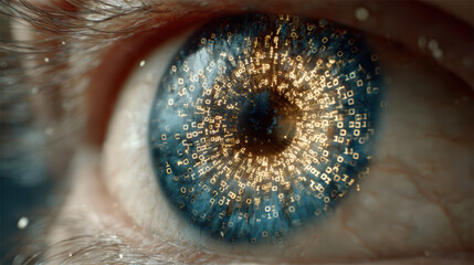 Human eye with digital pattern on iris - concept of uniqueness, identity, biometric identification, global control