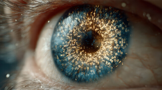 Human eye with digital pattern on iris - concept of uniqueness, identity, biometric identification, global control