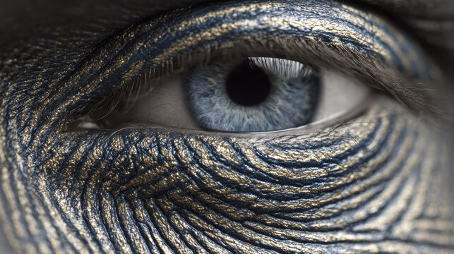 Human eye with fingerprint-like pattern on iris - concept of uniqueness, identity, biometric identification, surveillance