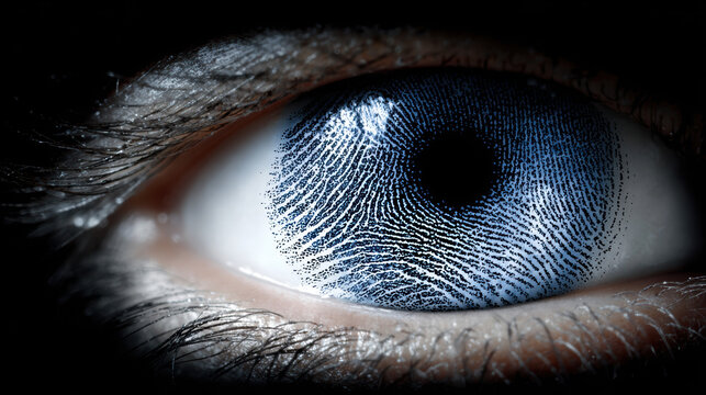 Human eye with fingerprint-like pattern on iris - concept of uniqueness, identity, biometric identification, global control