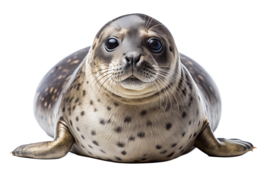 A cute baby seal looking directly at the camera, isolated on transparent background