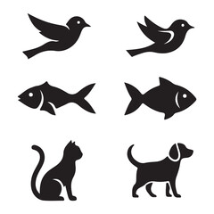Obraz premium Set and bundle silhouette art vector design vector art of silhouette icons of flying birds, swimming fish, a sitting cat, and a standing dog, showcasing diverse animal representations
