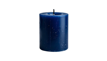 A cylindrical blue candle, extinguished with a trimmed wick, isolated against a stark black background