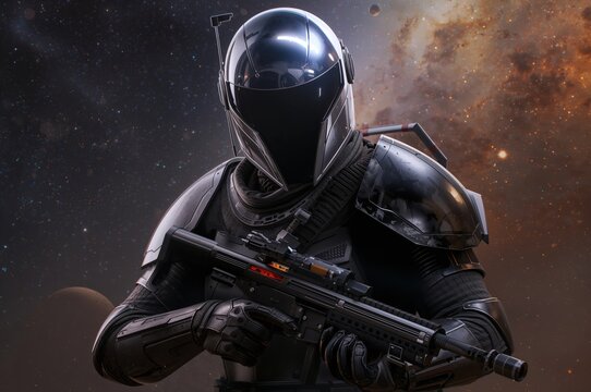 Armored bounty hunter stands boldly in galaxy, visor glowing bright blue light