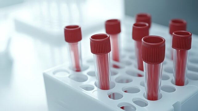Close up of several medical blood tubes ready for testing