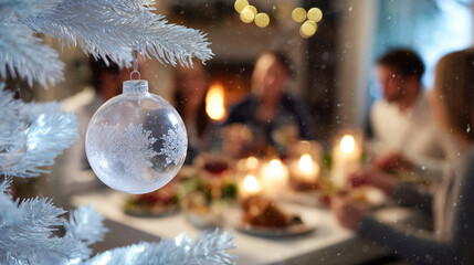 White christmas tree glass ornament hanging on a white frosted branch with a blurred family dinner celebration and candles in the background.