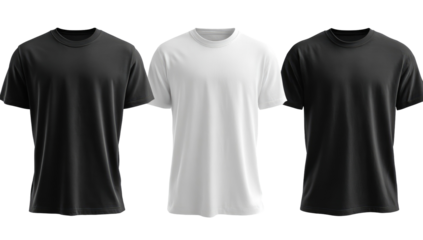 Three blank t-shirts, black, white, and black, displayed in a row