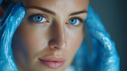 A woman wearing blue gloves holds her hands together. The blue gloves are prominent as the woman focuses on her task in a clinical setting.