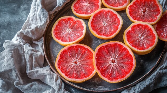 Sliced Grapefruit on a Rustic Plate from a Top Down View