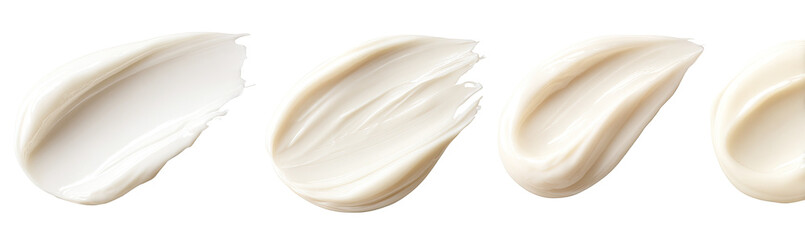 Four swatches of creamy, light beige cosmetic product, each with a smooth, swirled texture
